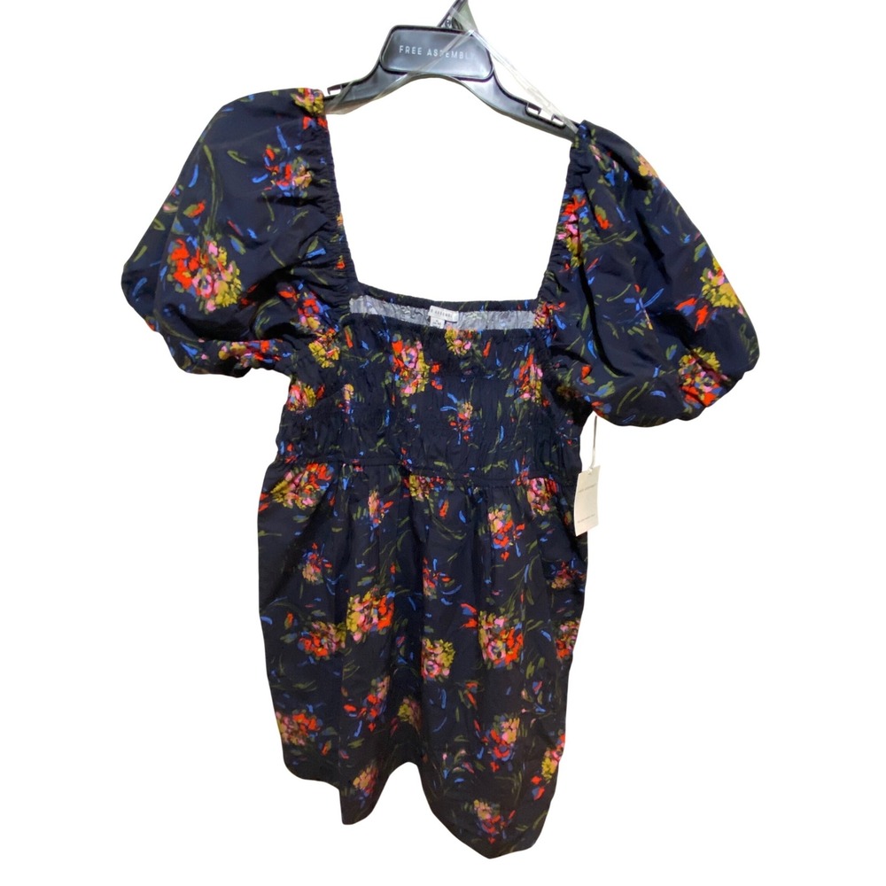 Free Assembly Navy Blue Floral‎ Puff Sleeve Smocked Mini Peasant Dress XL NWT